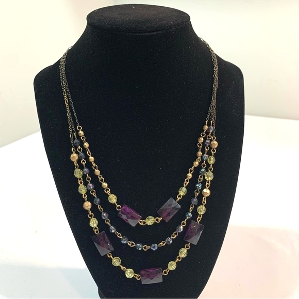 Vintage Avon Layered Triple Strand Necklace Purple Bronze Beaded